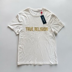 True Religion Med Shirt Men Large White Optic Tee Gold Metallic Logo Print NWT