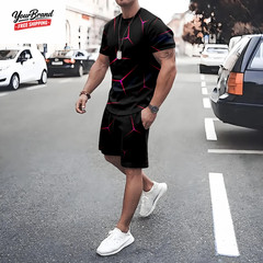 Plus Size Irregular Geometric T-Shirt Shorts 2-Piece Set Quick Drying Loose Men’