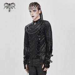 Devil Fashion Men Black Gothic Punk Mesh Spliced Lace-Up T-Shirt Slim Fit Tops