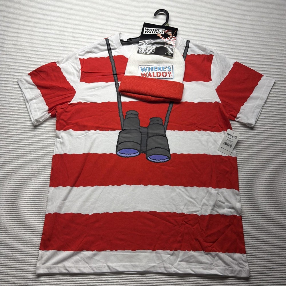 Where’s Waldo Shirt Mens XL Red Stripe Costume T-Shirt Beanie Combo Halloween