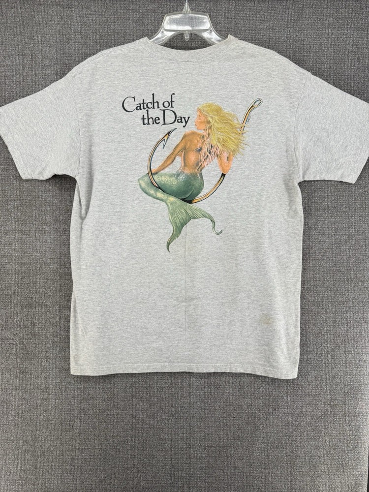 Vintage Mermaid Fishing Pin Up Shirt Sz Unknown, Stains