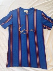 VTG ~ KARL KANI Shirt Mens LARGE Vertical Stripe Embroidered Logo Hip Hop Y2K