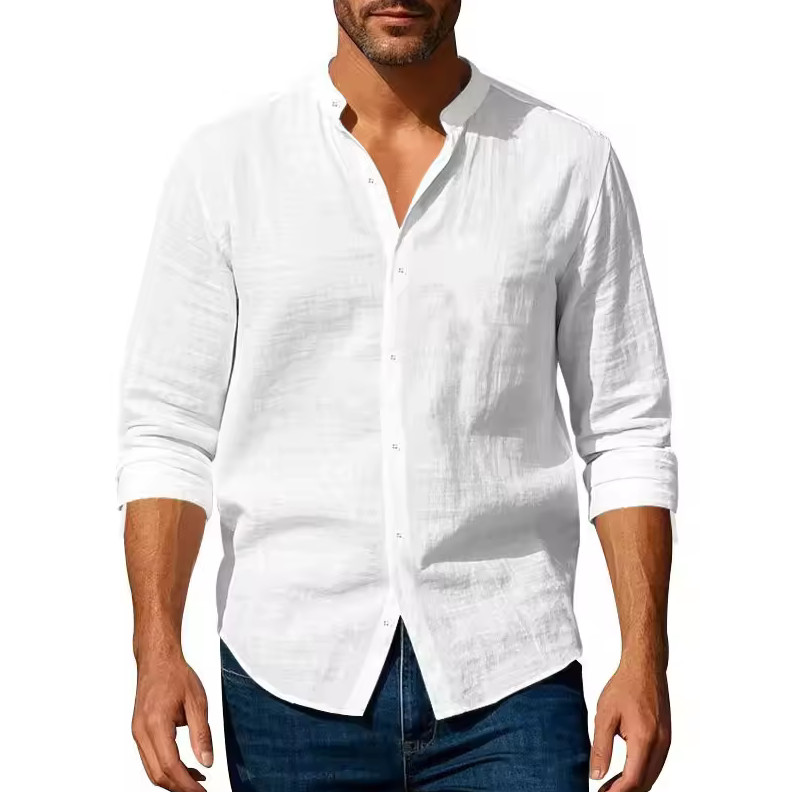 Men’s Cotton Linen Henley Shirt Long Sleeve Button Up Breathable Casual Top