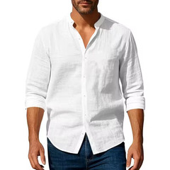 Men’s Cotton Linen Henley Shirt Long Sleeve Button Up Breathable Casual Top
