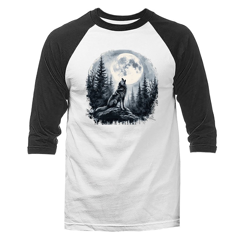 Howling Wolf Moonlight Wilderness Outdoor Wildlife Nature 3/4 Sleeve Raglan