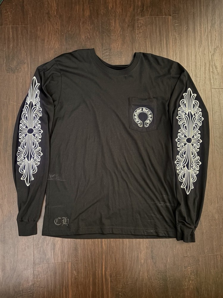 Chrome Hearts Black Long Sleeve Pocket Tee Logo horseshoe floral L Cotton