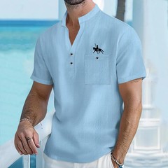 Men’s Cotton Linen Henley Shirt Breathable Summer Casual Fit Tee Tshirt Fun Gift