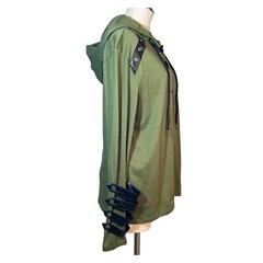Mens Lace Up Hooded Shirt Green Faux Black Leather Size L Cosplay Medieval