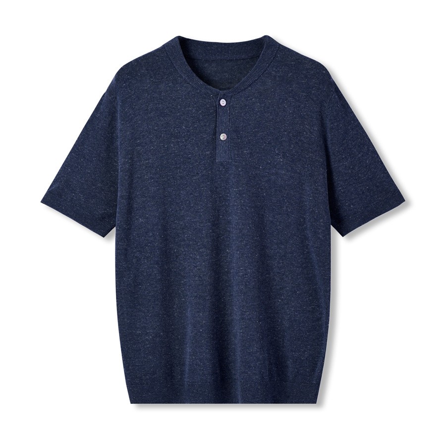 Retro Henry Collar Knitted Short-Sleeved T-Shirt Men Business Linen Blend Top
