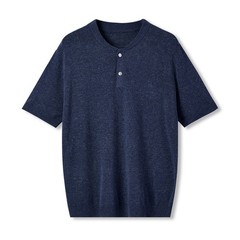 Retro Henry Collar Knitted Short-Sleeved T-Shirt Men Business Linen Blend Top