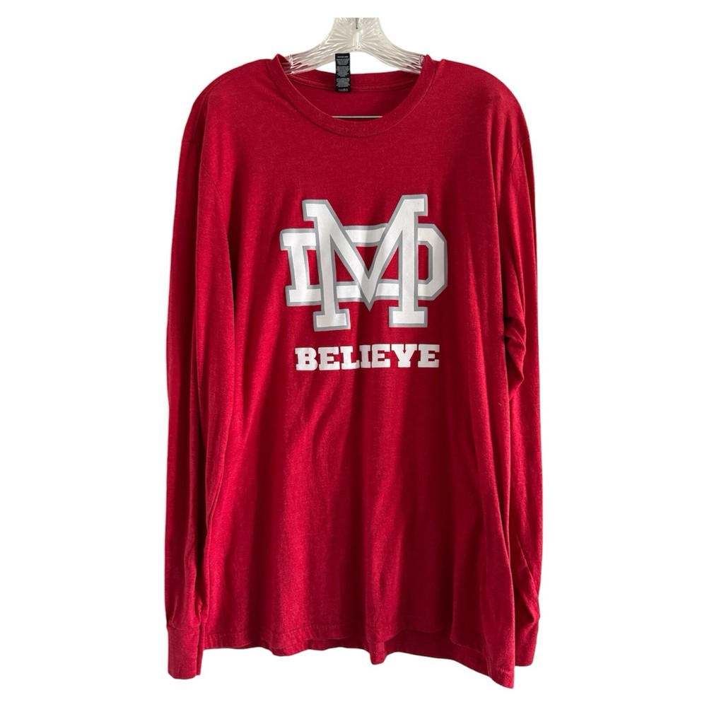 MATER DEI HIGH SCHOOL Men’s Red MD BELIEVE Long Sleeve T-Shirt (X-LARGE)