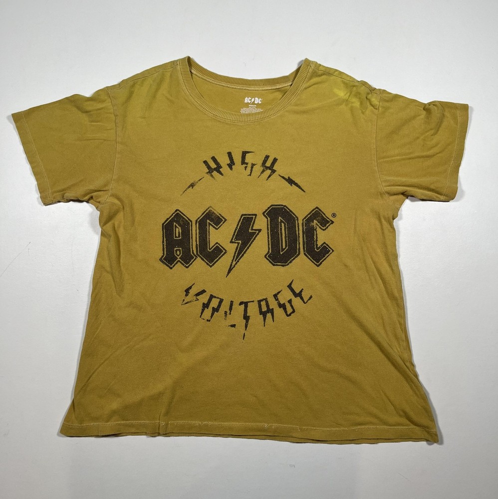 AC/DC Shirt Mens Medium Mustard Yellow High Voltage Graphic Band Rock Tee Faded