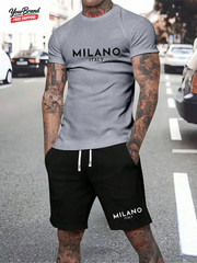 Man Soild Color Letter Print Sports T-Shirt Shorts Set Summer Men’S Short Sleeve