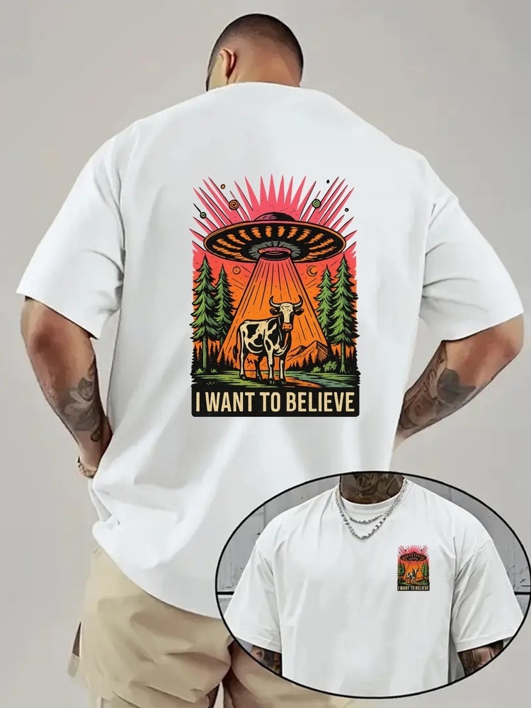 UFO Cow, Flying Saucer Cow Double-Sided Print Men’s Fashion Trendy T-Shirt