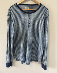 Lucky Brand Mens XL Blue White Striped Henley Shirt Long Sleeve 100% Cotton