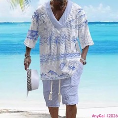 Beach Loose Print V-neck Mens Knitted Short-sleeved Short-shorts Set Casual 2pcs