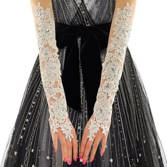 White Lace Rhinestone Fingerless Bridal Glove,Lace Gloves Long,Prom For Weddi…