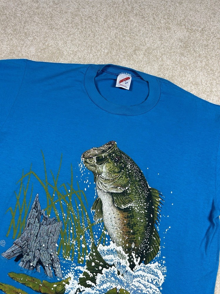 Gulf Coast Sportswear Bass Fish Single Stitch 50-50 Tshirt XL USA Blue VTG
