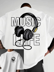 Men’s Trendy Headphone Graphic T-Shirt – “MUSIC” Letter Print, Music Lovers
