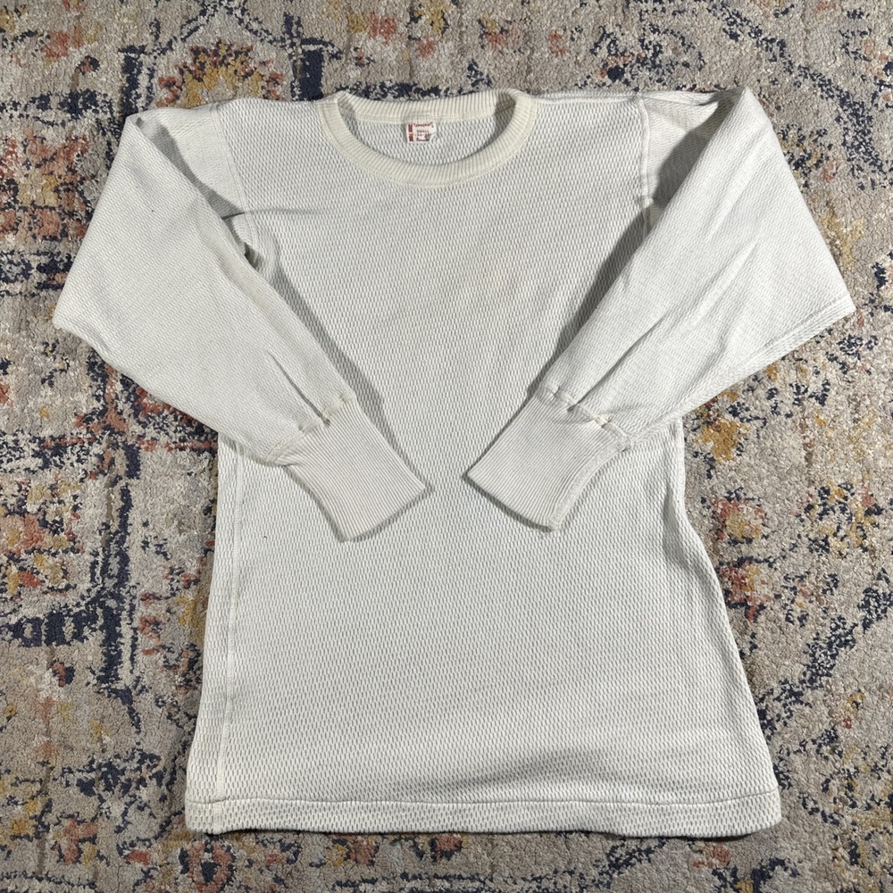 VTG 60s 70s Towncraft Thick Thermal Sweater size S Ivory Off White Waffle Knit
