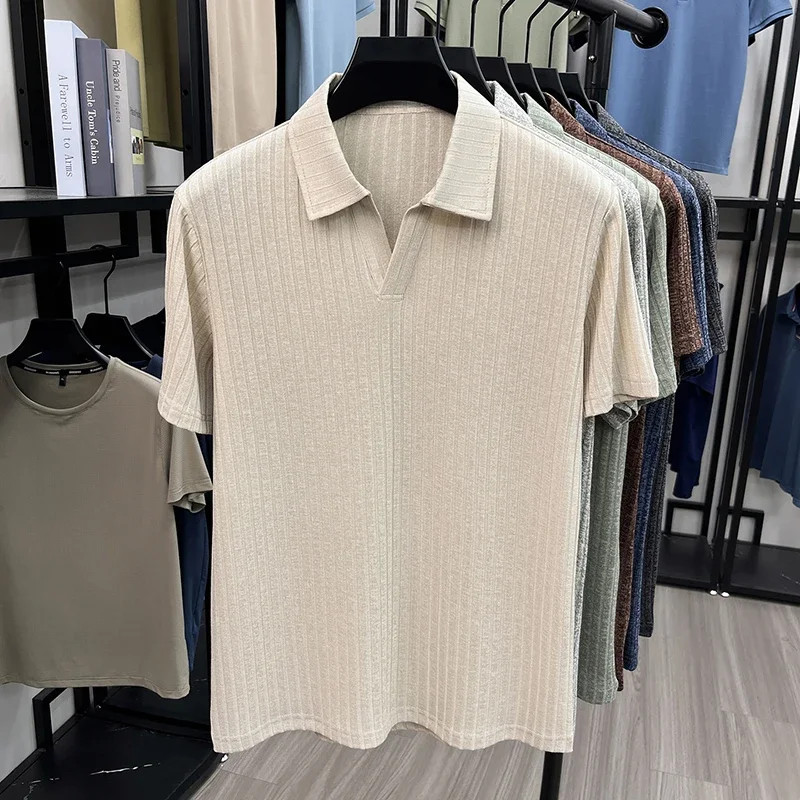 Men’s Breathable Knitted Polo Tee Short Sleeve V Neck Striped Fabric Lightweight