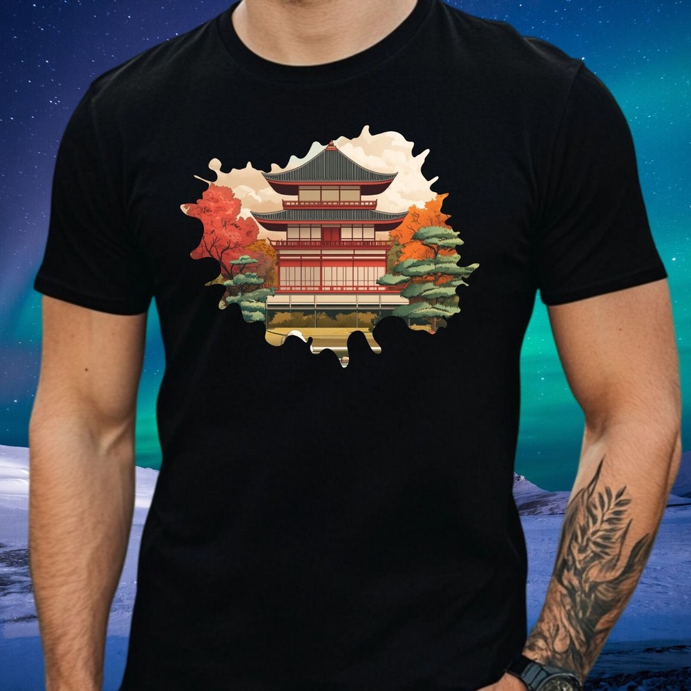 Mens Traditional Japanese Building Motif Cotton T-Shirt Size XS to 5XL