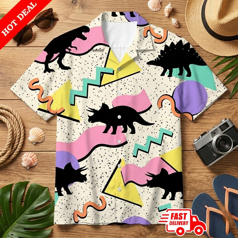 90s Retro Dinosaur Hawaiian Shirt Men Pastel Geometric Aloha Button Down Summer