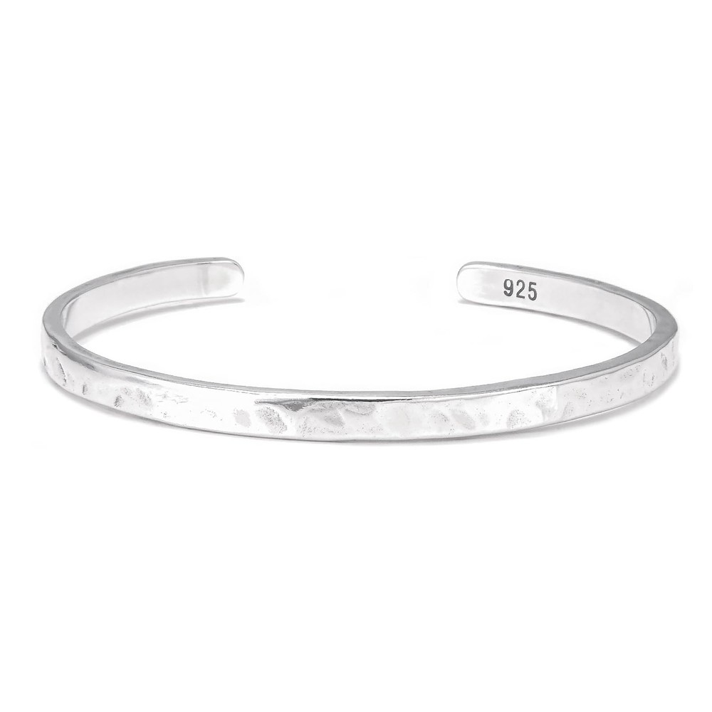 925 Sterling Silver Hammered Cuff Bangle Bracelet for Men, 4mm Handmade Minim…