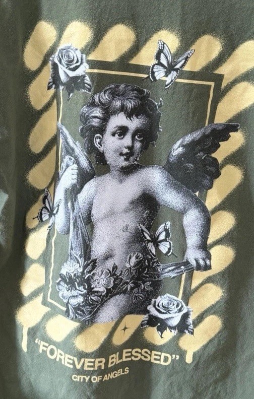 Popular Poison T Shirt Mens Large Green Blessed Cherub Angel Back Graphic Y2K