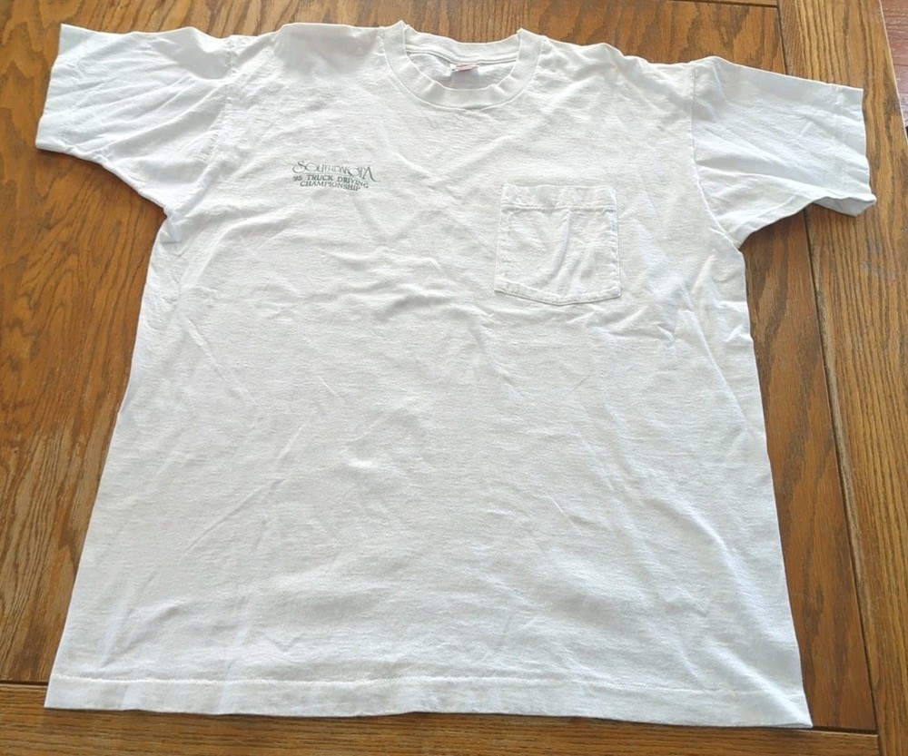 Vtg ’95 Fruit of the Loom Mens XL White Shirt Single Stitch USA SD Truck Champ