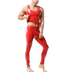 Men’s Sexy Pvc Leather Top Pants Set Shiny Latex Vest Tank Tops Club Tight Pants