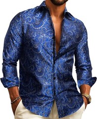 Mens Silk Paisley Western Shirt Long Sleeve Button Down Cowboy Dress Top Casual