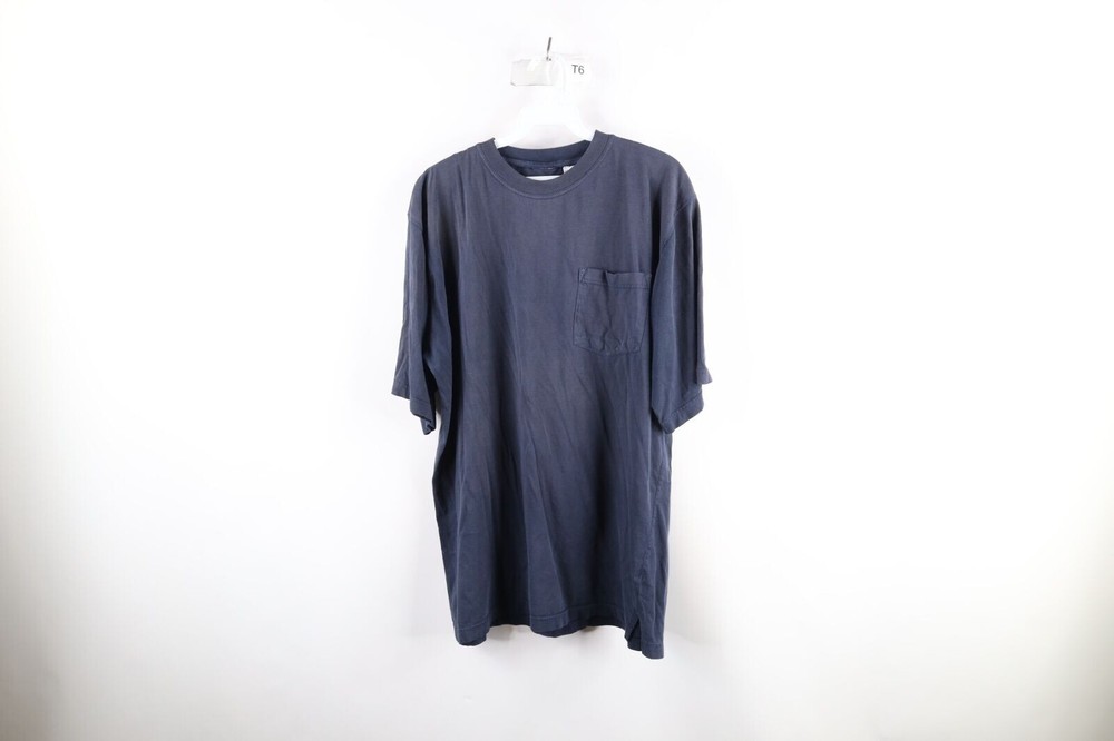 Vintage 90s Streetwear Mens Large Tall Thrashed Blank Pocket T-Shirt Navy Blue