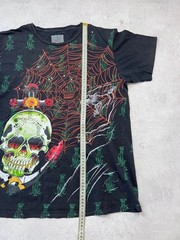 Christian Audigier Skull Spider Web Rhinestone Gothic Graphic T-Shirt Black
