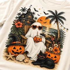 Coastal Halloween Ghost Shirt Black Cat Pumpkin Beach Graphic Tee Fall Gift