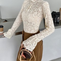 Women Long Sleeves Blouse Turtleneck T-shirt Stretch Lace Bottoming Tops