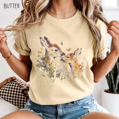Spring Woodland Doe Fawn Watercolor Art Tee Soft Nature Comfort Colors Adult Uni