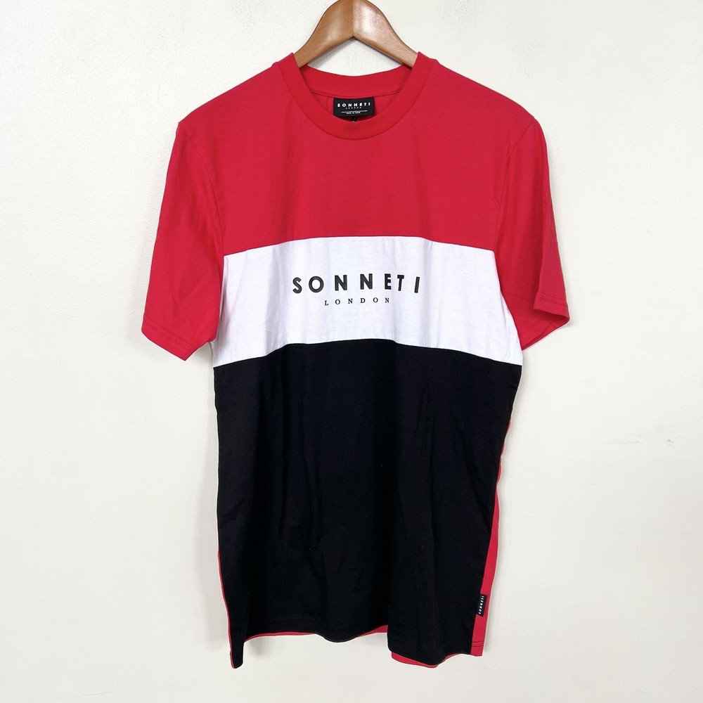 New SONNETI LONDON Men’s Capri Short Sleeve Tee T-Shirt Color Block Logo (M, L)