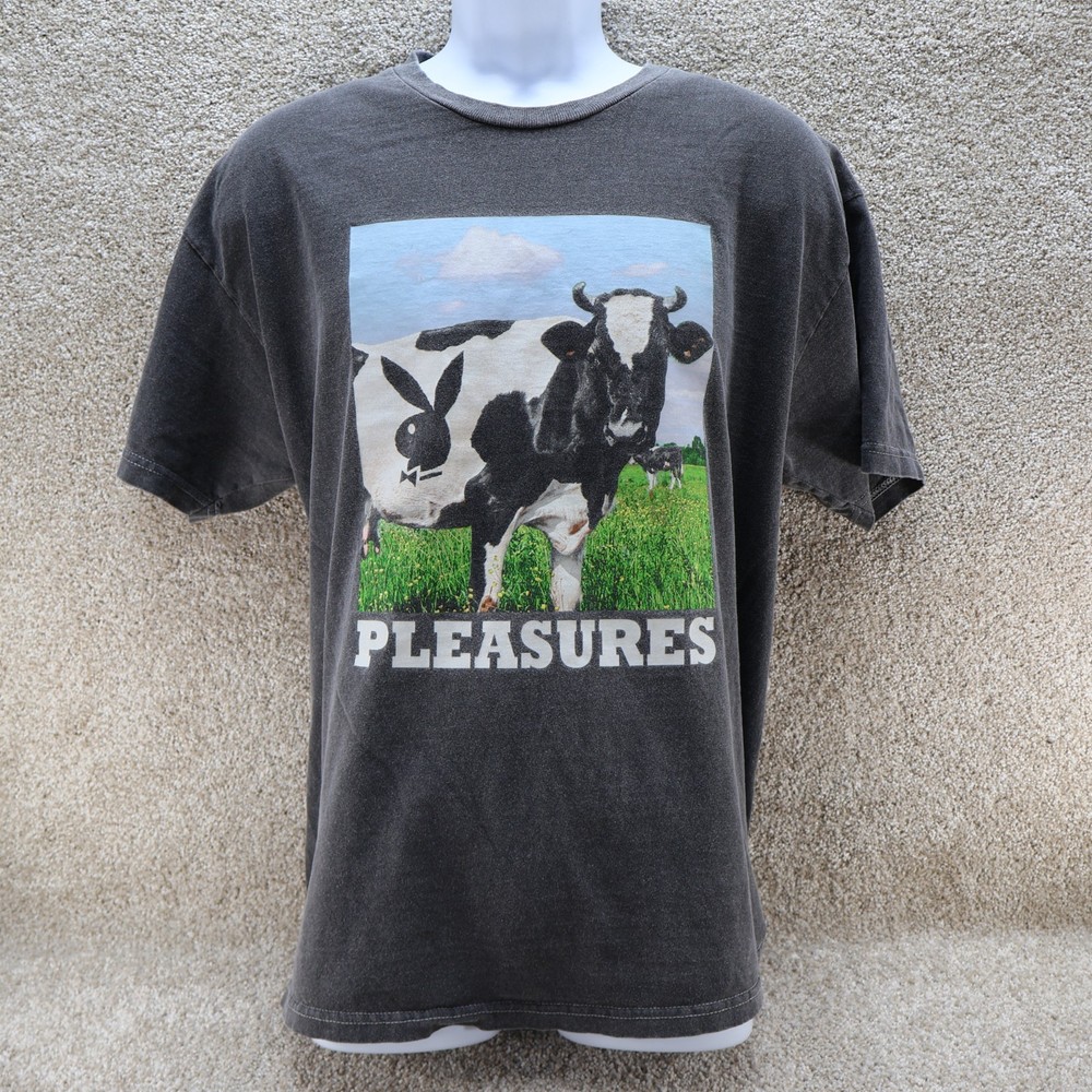 Pleasures Graphic T Shirt Mens XL Black Cow Print Streetwear (see photo for flaw