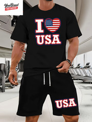 Fashion American Flag Graphic Print T-Shirt Shorts 2-Piece Set Casual Men’S USA