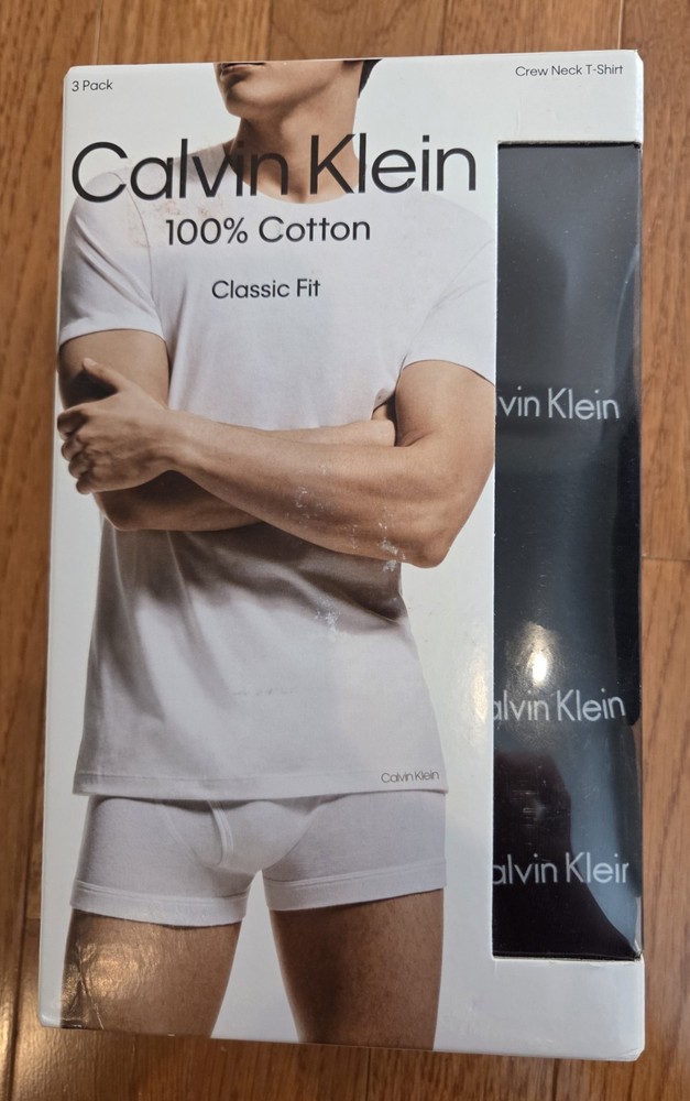 Calvin Klein 3 Pack Crew Neck T Shirts Black XL Classic Fit 100% Cotton NIB