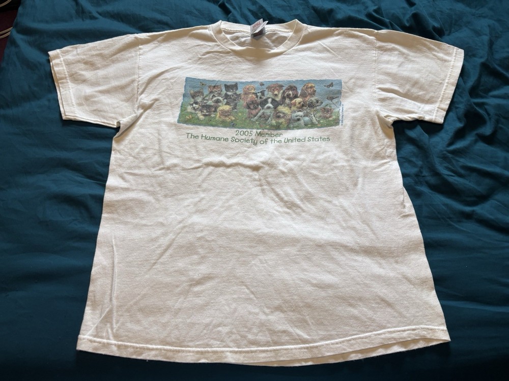 Vintage Humane Society Shirt Mens Large White 2005 Dog Cat Puppy Kitten Pet Y2K