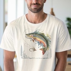 Trout Fishing Graphic Tee Natural Color Fish Art Outdoor Sport Shirt