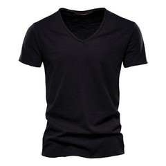Aiopeson 100% T-shirts Cotton Men T-shirt V-neck Fashion Design Slim Fit Soild