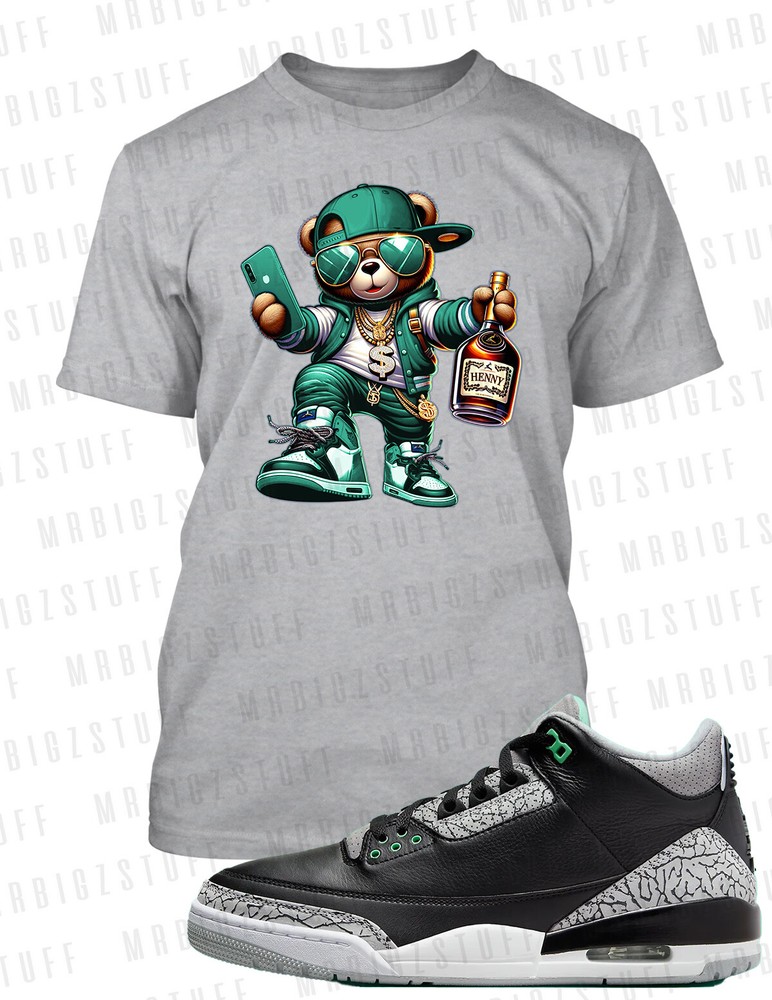 Henny Bear Streetwear Pro Club Shaka Tee to Match J3 Green Glow Sneaker Hip Hop