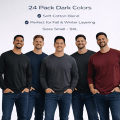 24 Pack Men’s Long Sleeve T-Shirts 2XL Dark Colors Cotton Blend Bulk Tees
