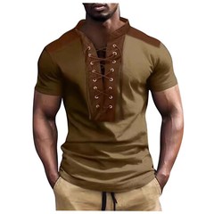 Men’s New Summer Color Contrast Small Stand Lace Up Short Sleeved Top Men’s T