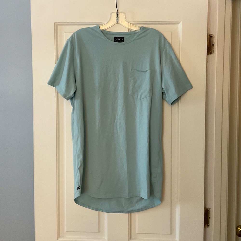 Cuts Clothing Elongated Curve Hem Pocket Tee T-Shirt Blue long length Mens L