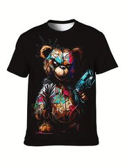 Men’s Casual Short Sleeved T-shirt, Unique Bear Print – Soft Polyester Fiber, Ma