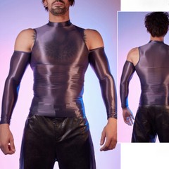Men Tights Tops Shirt T-shirt Sexy Hollow Out Oiled Shiny Party Clubwear Fashion